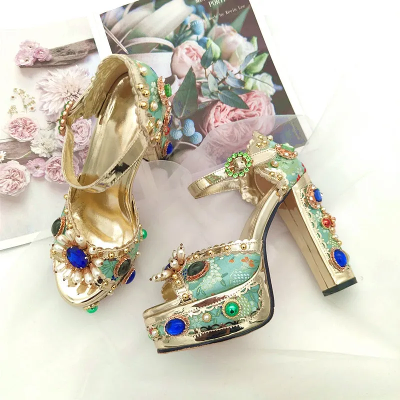 Crystal Embroidery Platform Heels