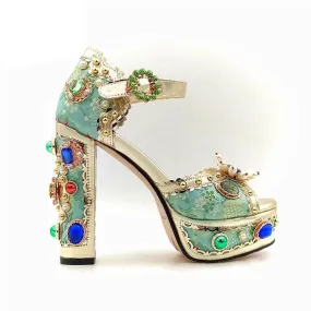 Crystal Embroidery Platform Heels