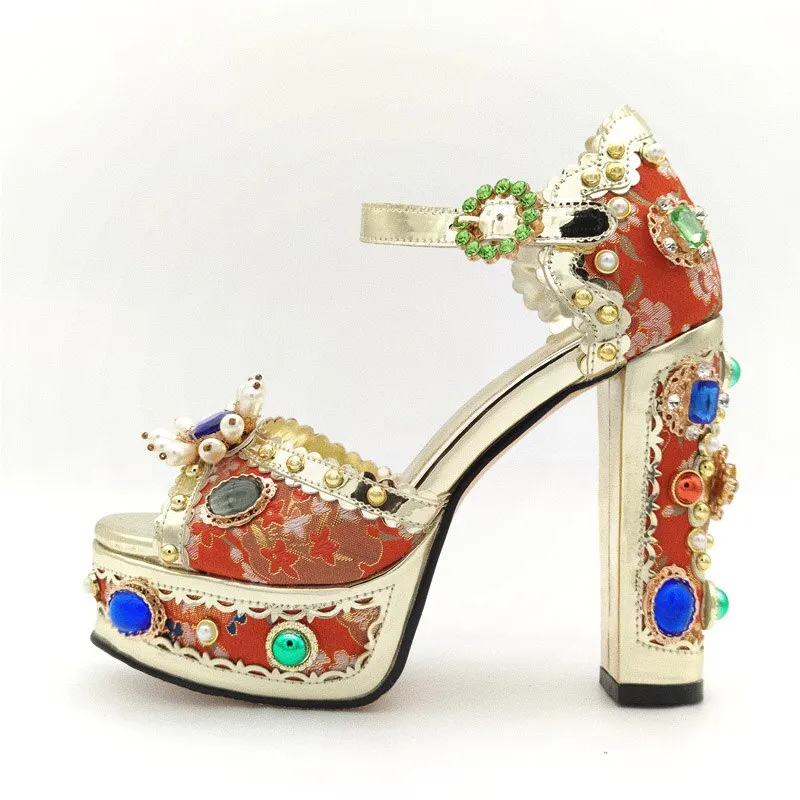 Crystal Embroidery Platform Heels