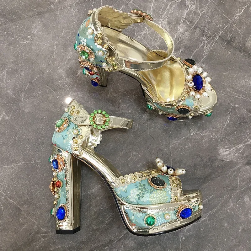 Crystal Embroidery Platform Heels