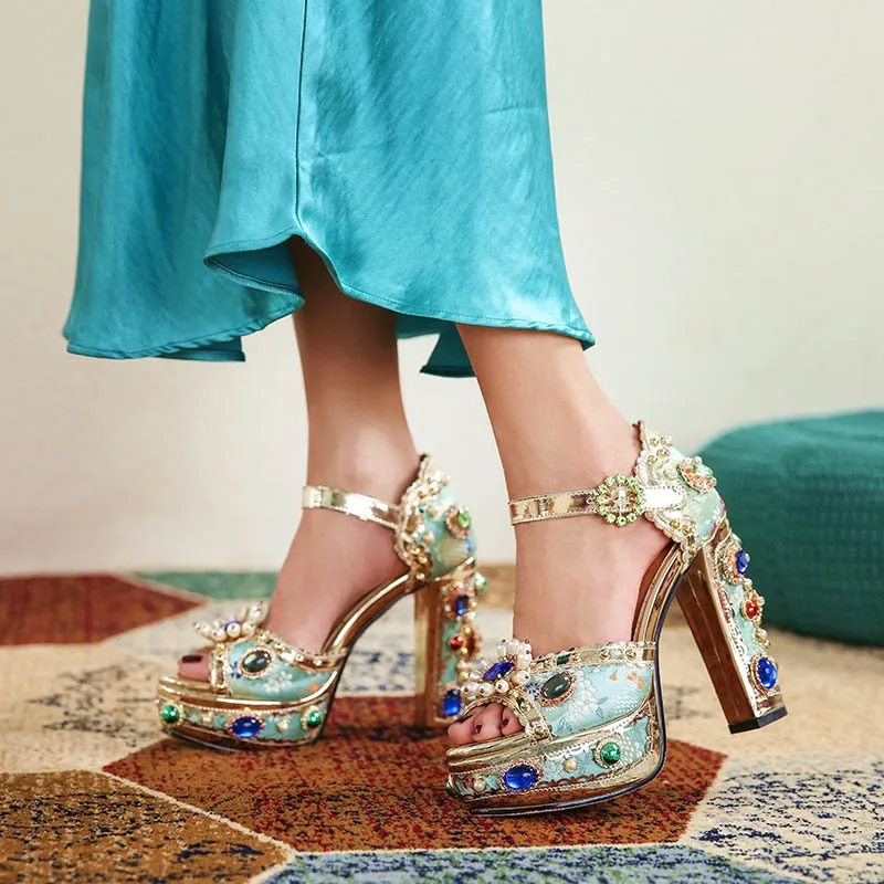 Crystal Embroidery Platform Heels