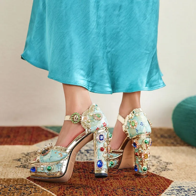 Crystal Embroidery Platform Heels