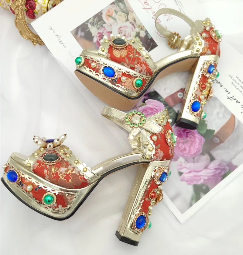 Crystal Embroidery Platform Heels