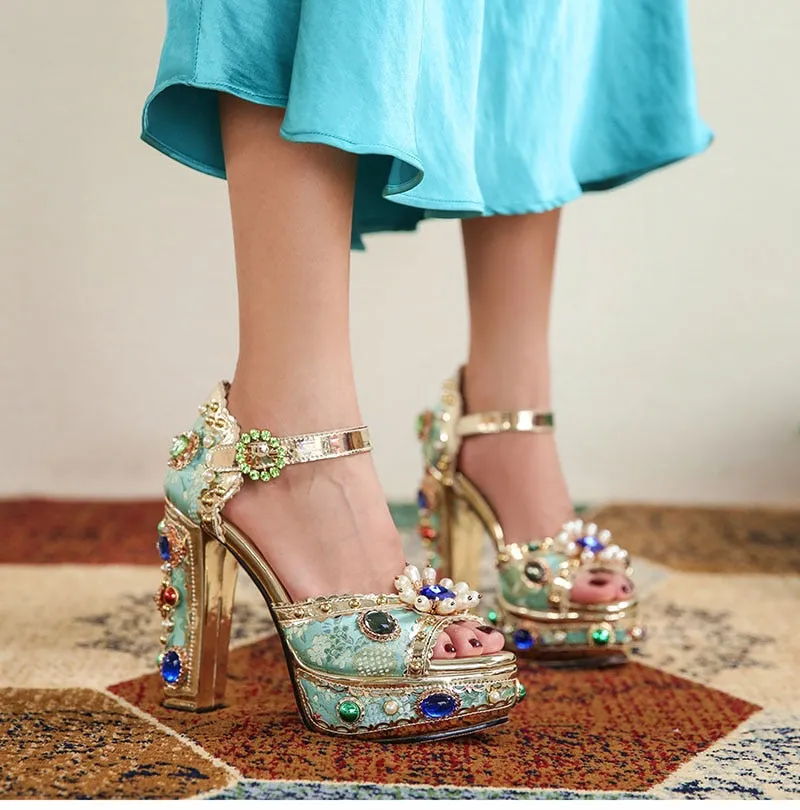 Crystal Embroidery Platform Heels