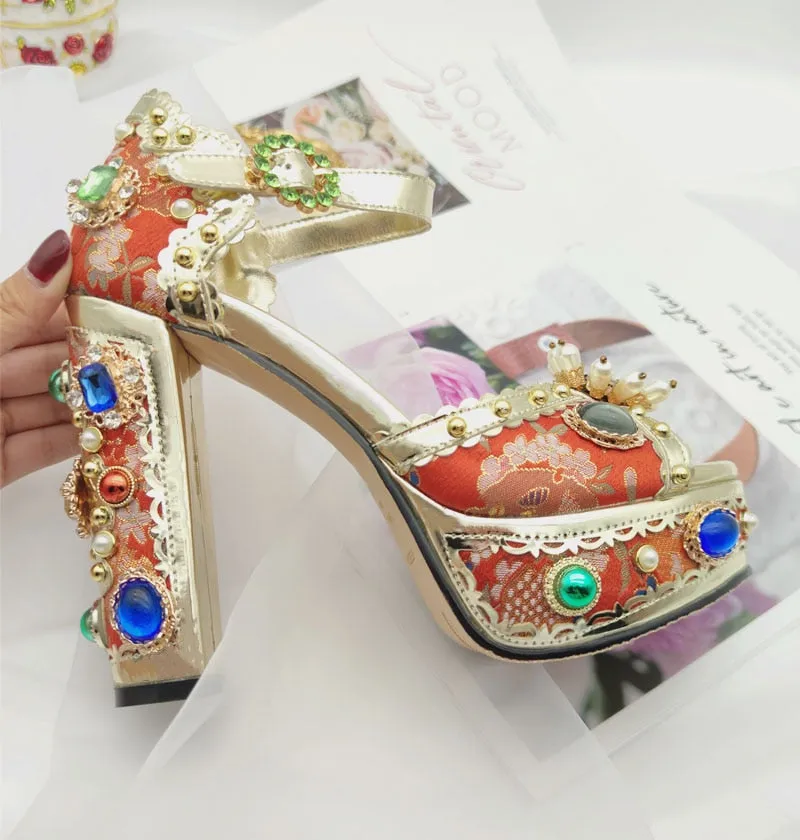 Crystal Embroidery Platform Heels