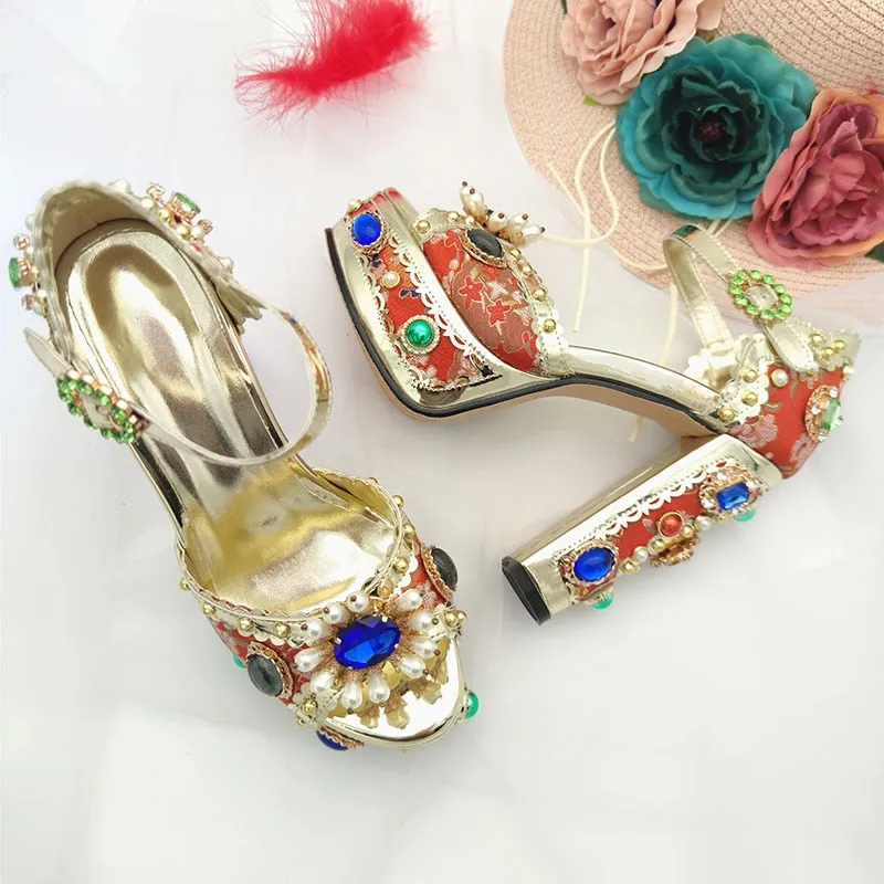 Crystal Embroidery Platform Heels