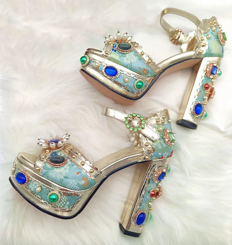 Crystal Embroidery Platform Heels