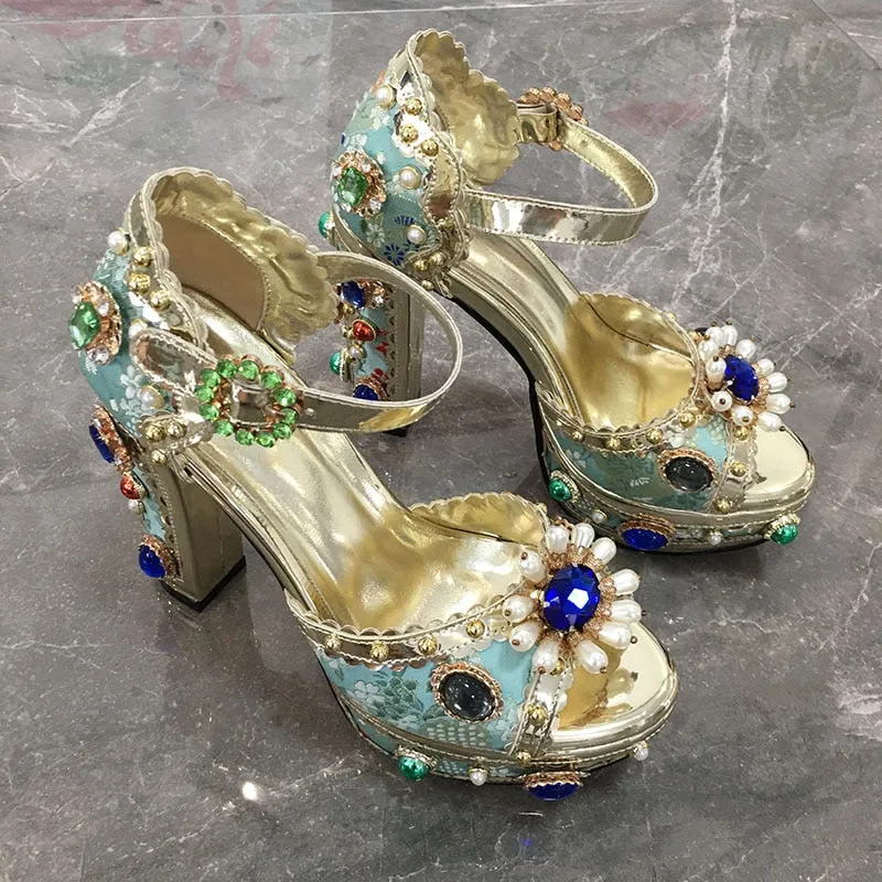 Crystal Embroidery Platform Heels