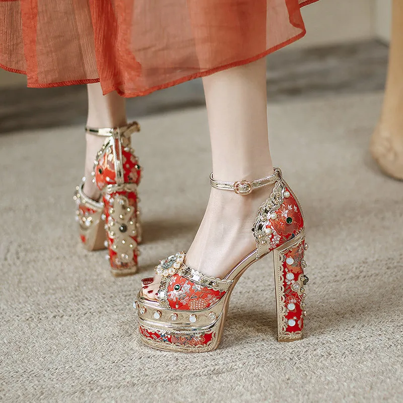 Crystal Gem Embroidery Platform Heels