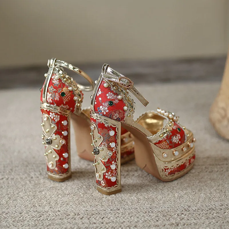 Crystal Gem Embroidery Platform Heels