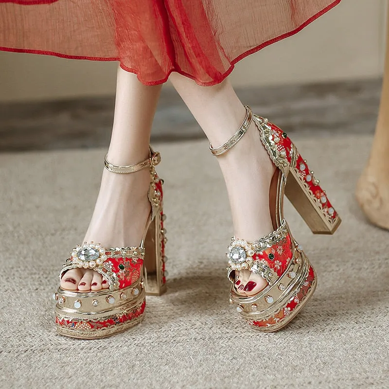 Crystal Gem Embroidery Platform Heels