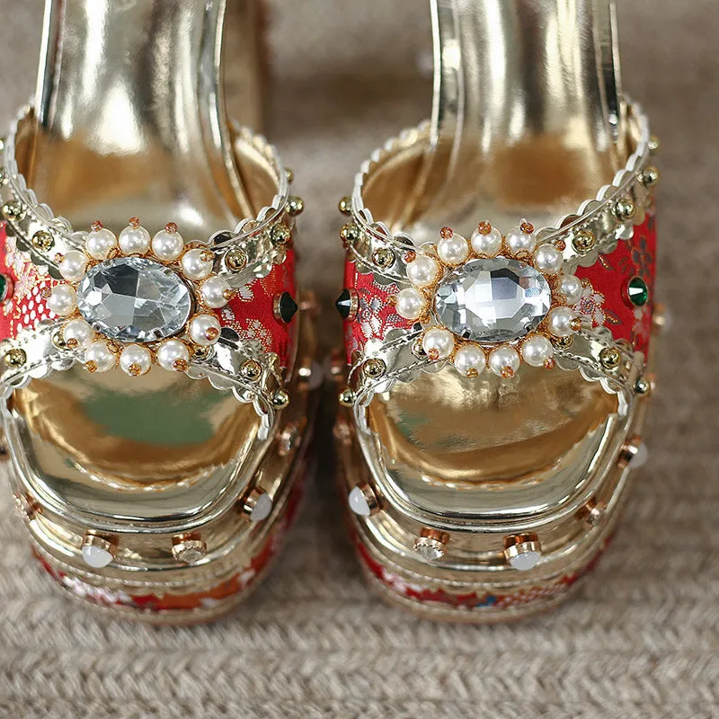 Crystal Gem Embroidery Platform Heels