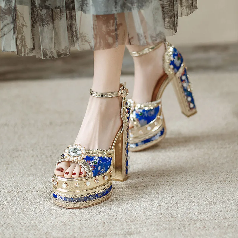 Crystal Gem Embroidery Platform Heels