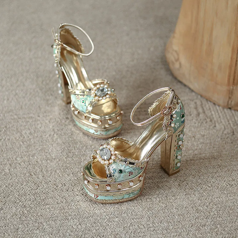 Crystal Gem Embroidery Platform Heels