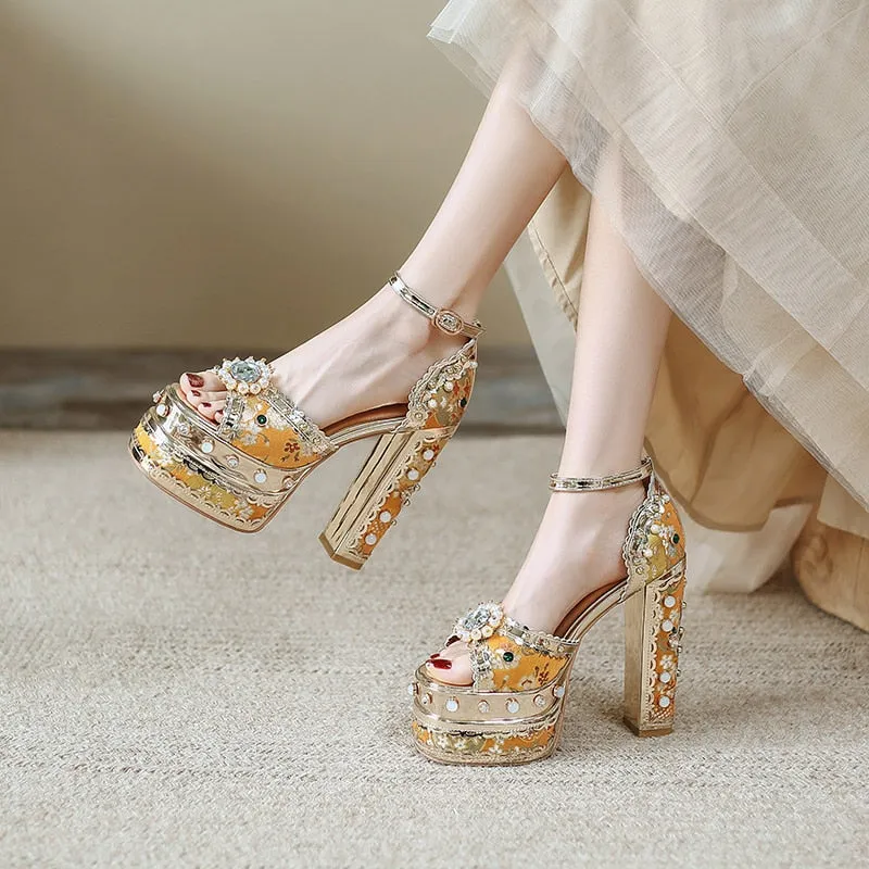 Crystal Gem Embroidery Platform Heels