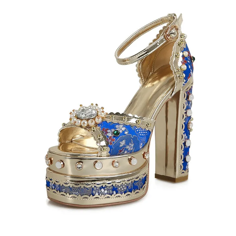 Crystal Gem Embroidery Platform Heels