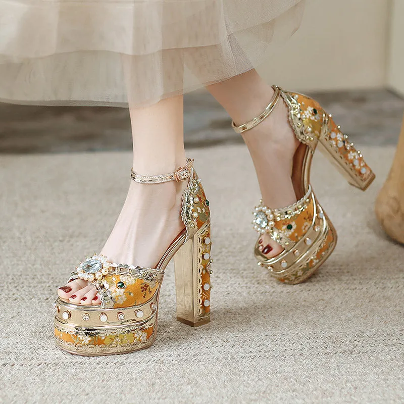 Crystal Gem Embroidery Platform Heels