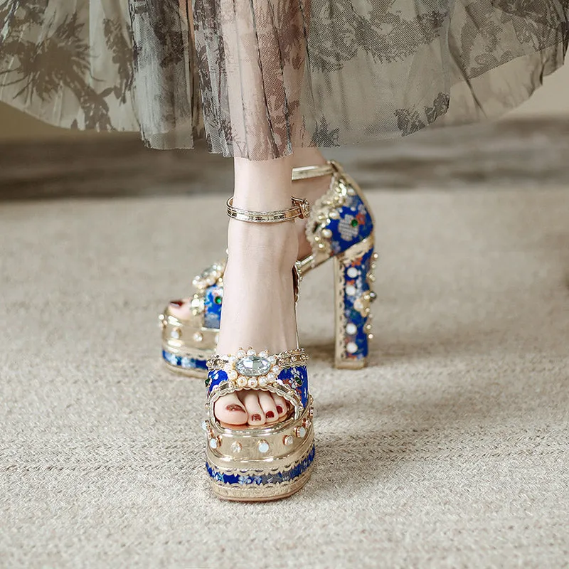 Crystal Gem Embroidery Platform Heels