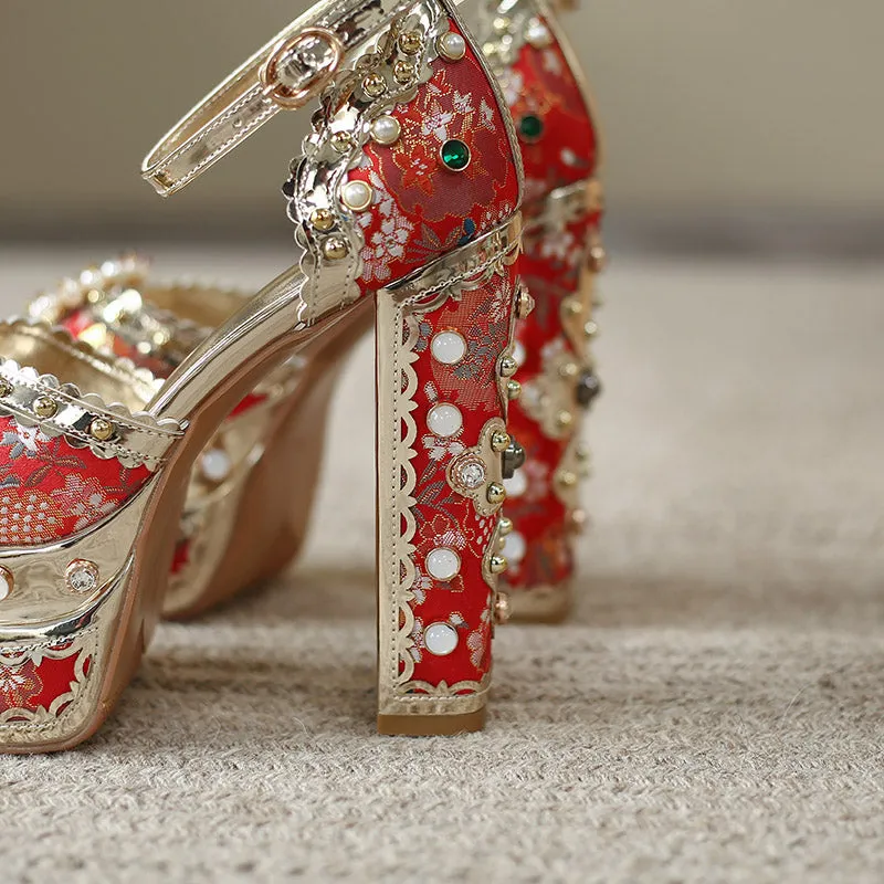 Crystal Gem Embroidery Platform Heels