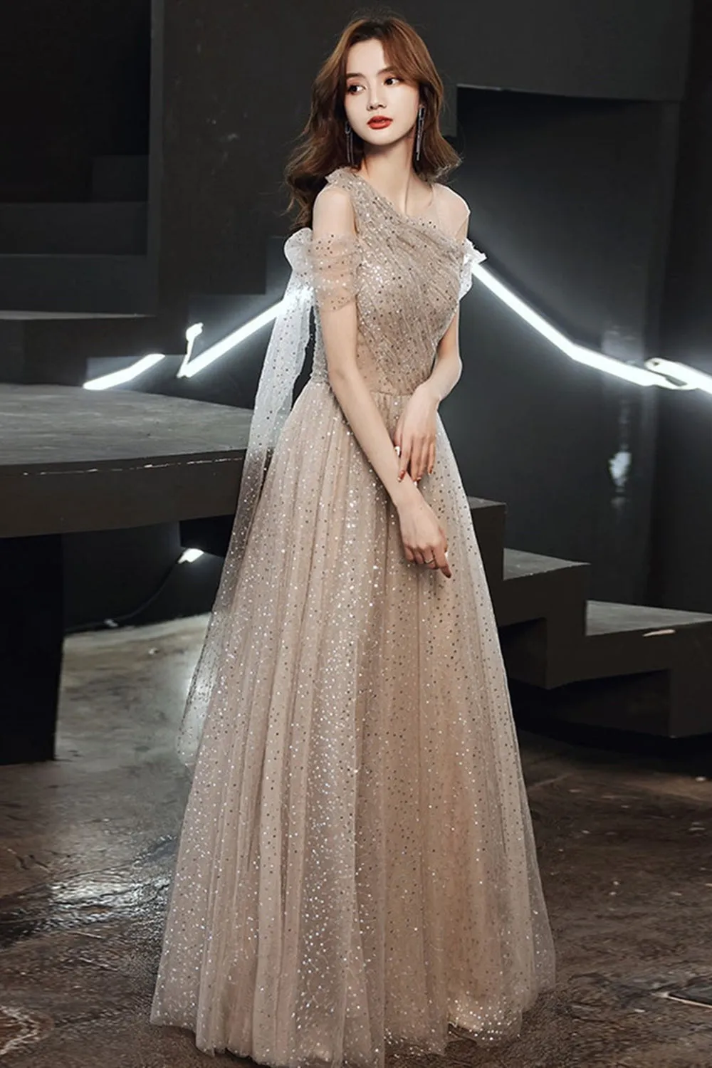 Elegant Shiny Sequins Champagne Long Prom Dresses, Off Shoulder Champagne Formal Evening Dresses