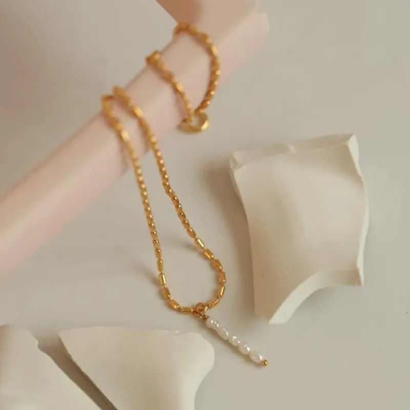 Freshwater Pearl Column Necklace Gold