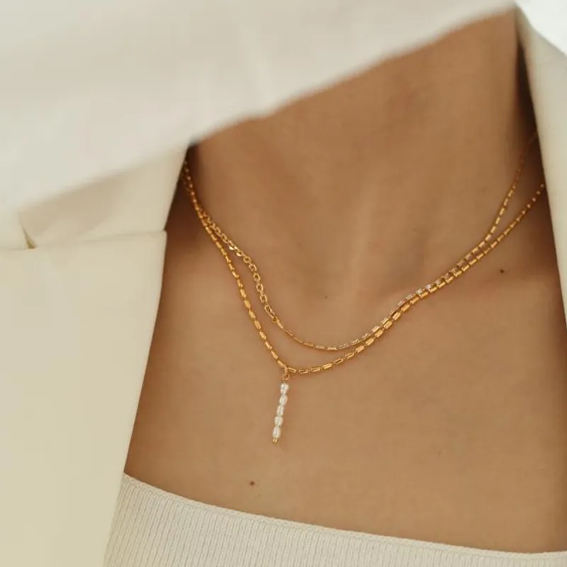 Freshwater Pearl Column Necklace Gold