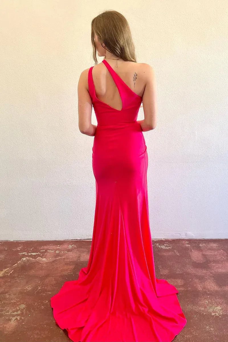 Fuchsia Long  One Shoulder Prom Dresses