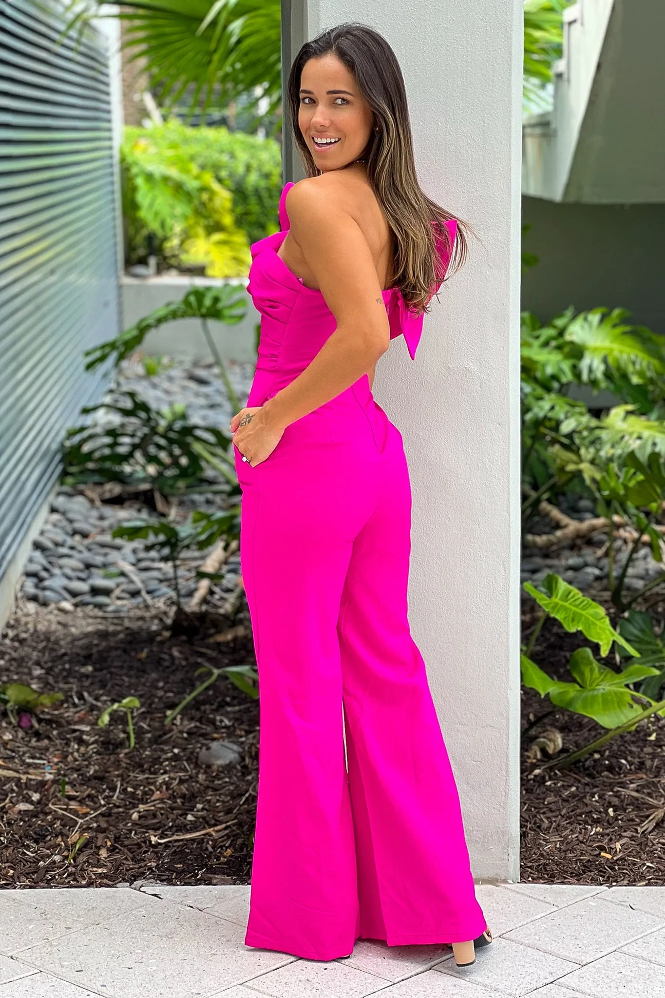 Fuchsia One Shoulder Ruffle Jumpsuit