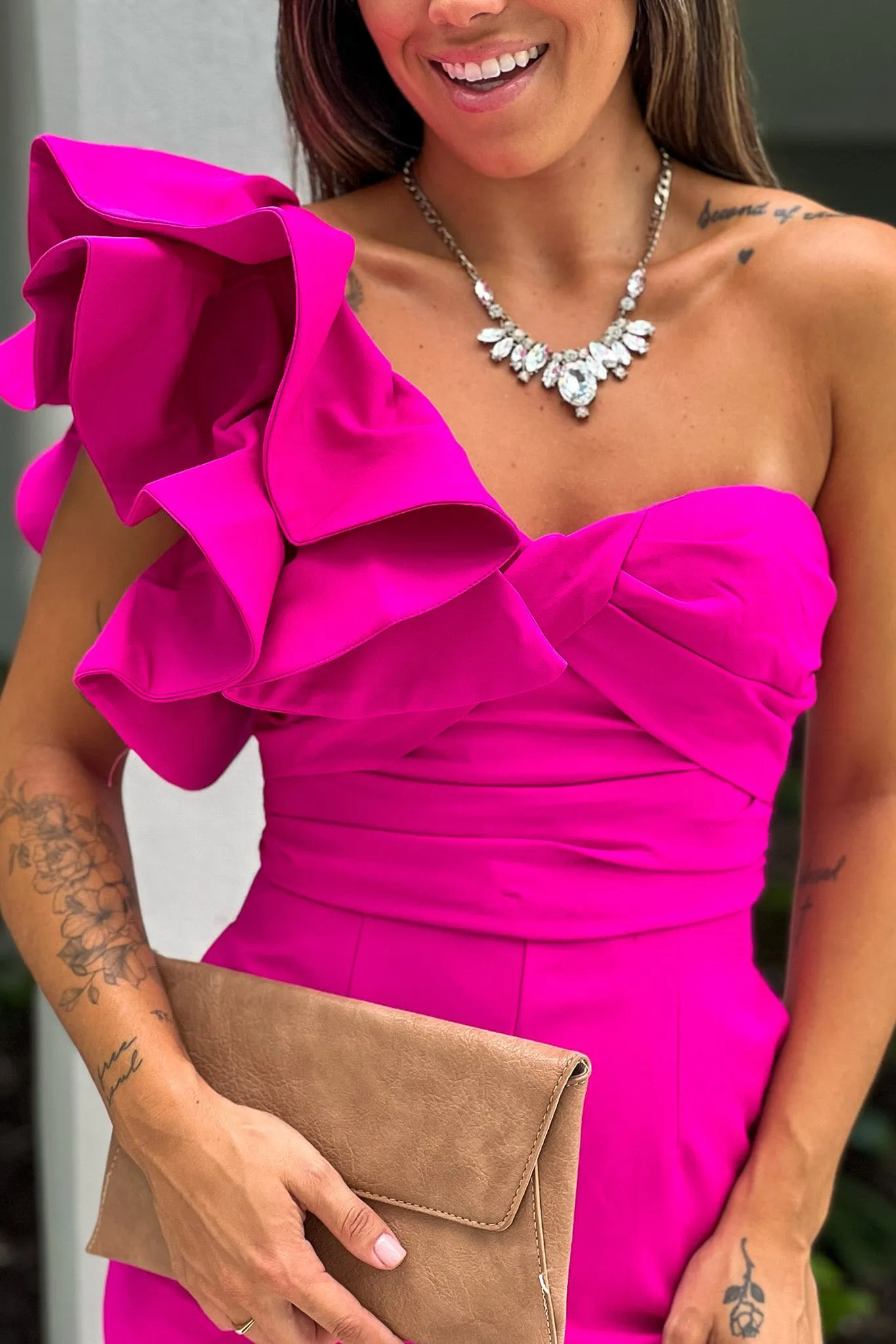 Fuchsia One Shoulder Ruffle Jumpsuit