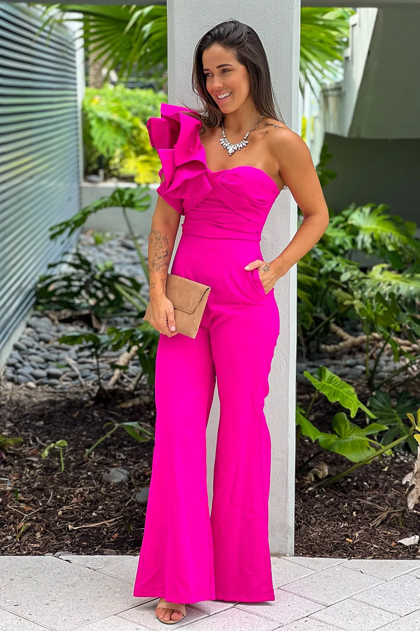 Fuchsia One Shoulder Ruffle Jumpsuit