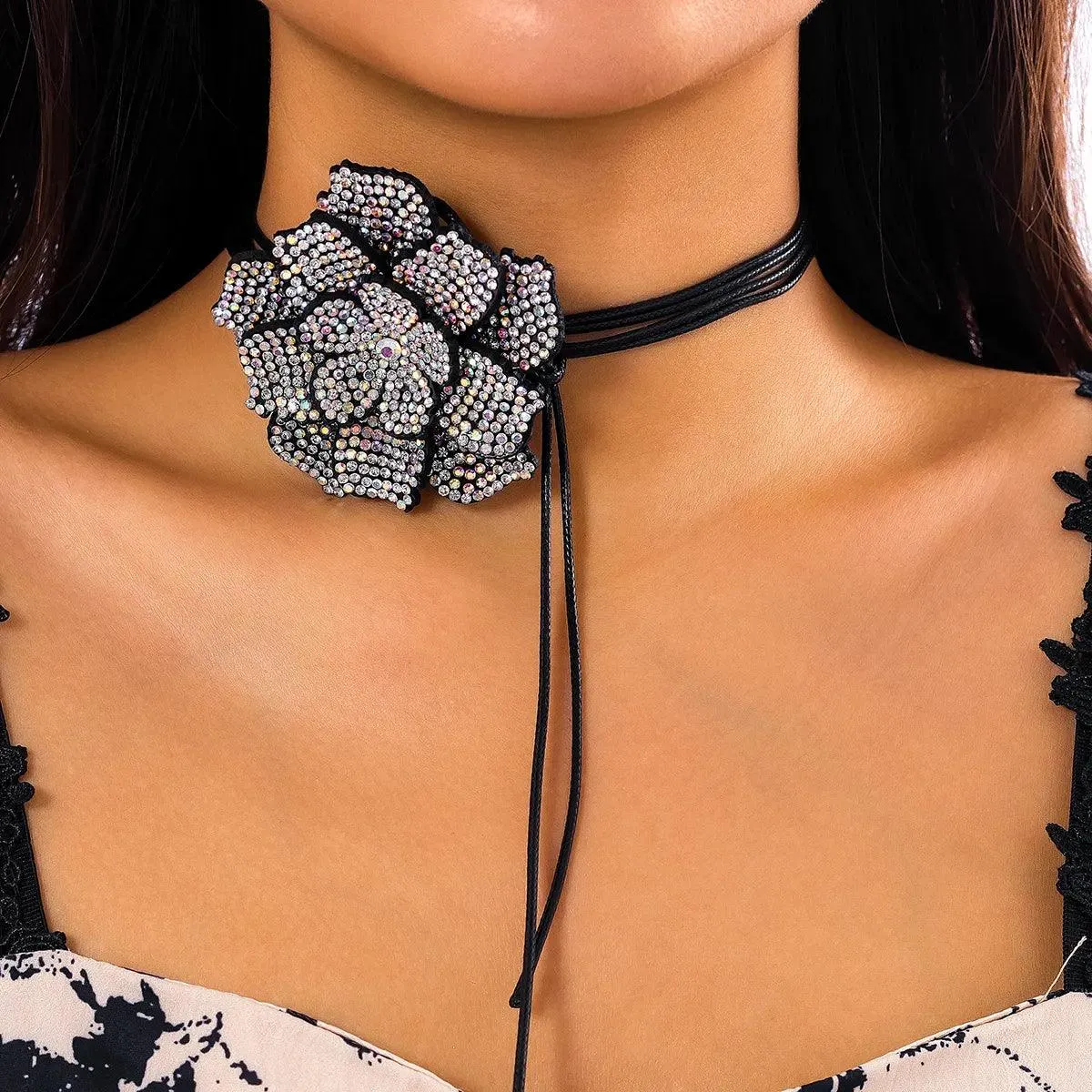 Full Rhinestone Big Rose Flower Choker Necklace for Women