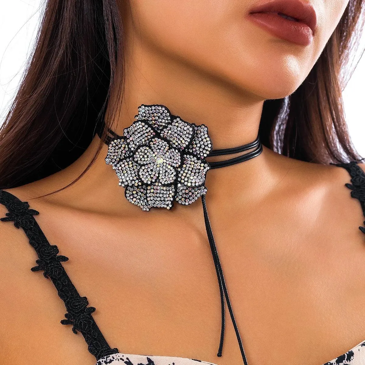 Full Rhinestone Big Rose Flower Choker Necklace for Women