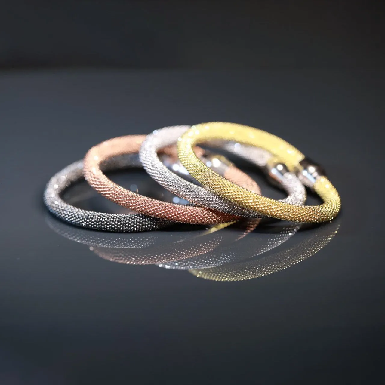 Gold Plated Large Mesh Bracelets. Set of 4