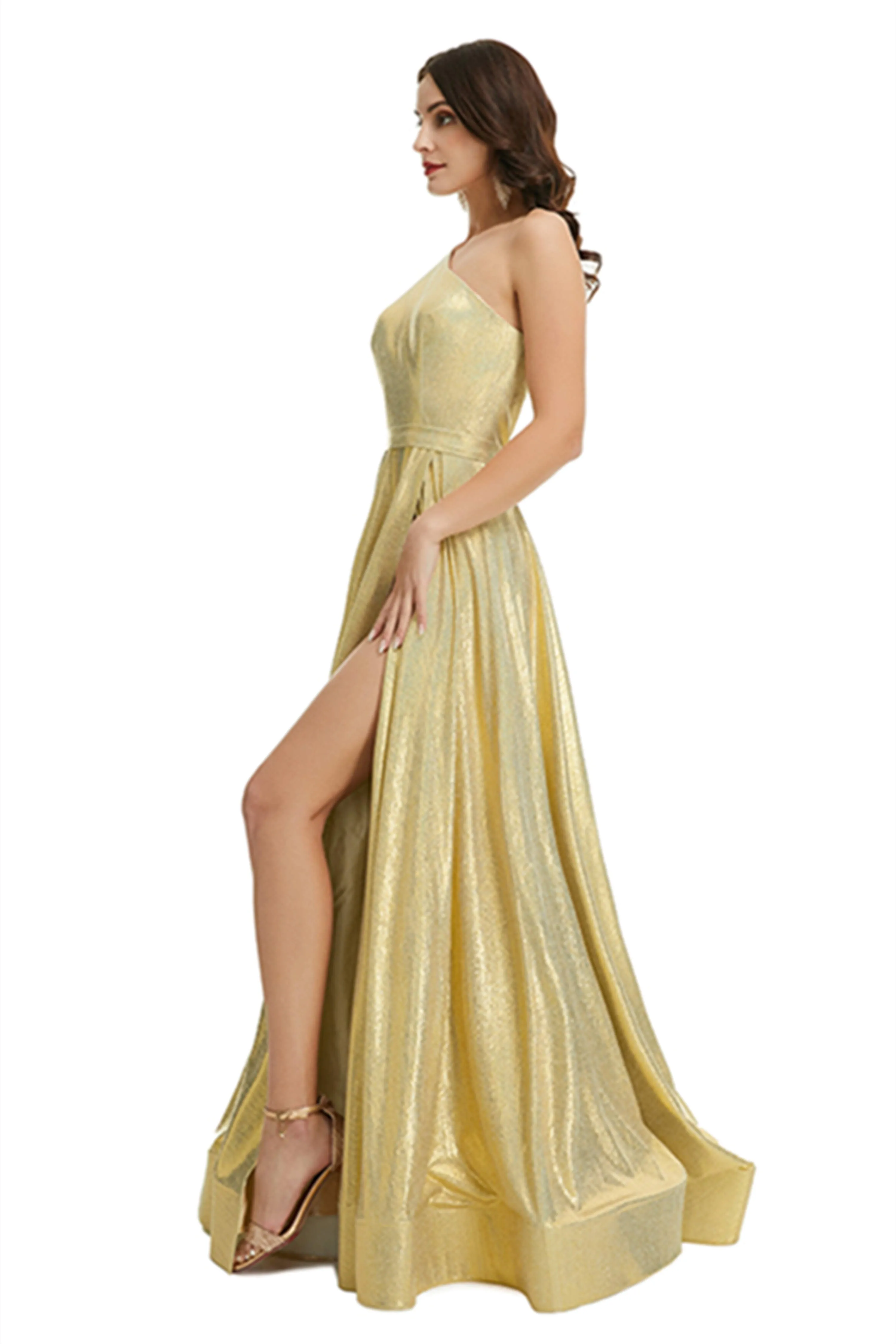 Gold Satin One Shoulder With Split Prom Dresses