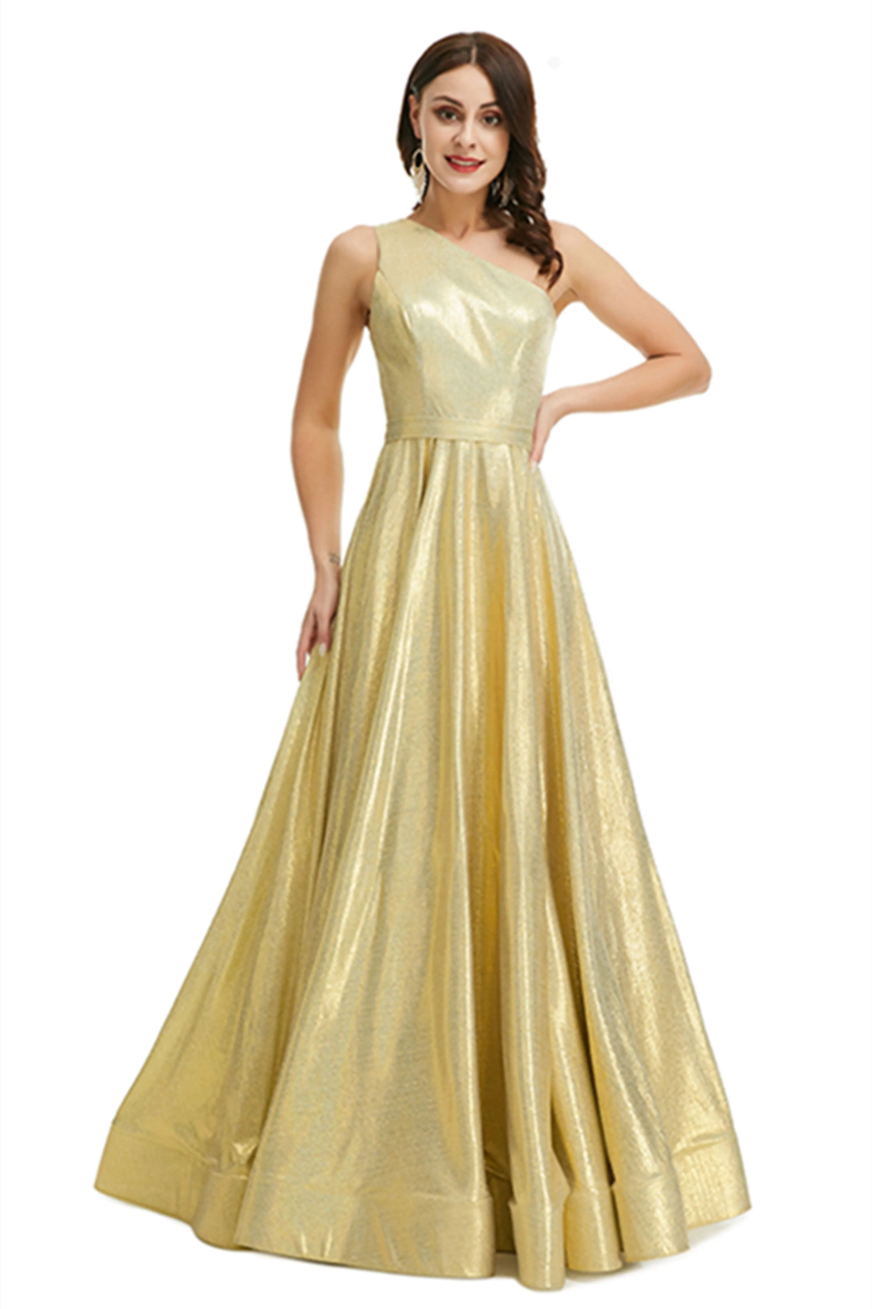 Gold Satin One Shoulder With Split Prom Dresses