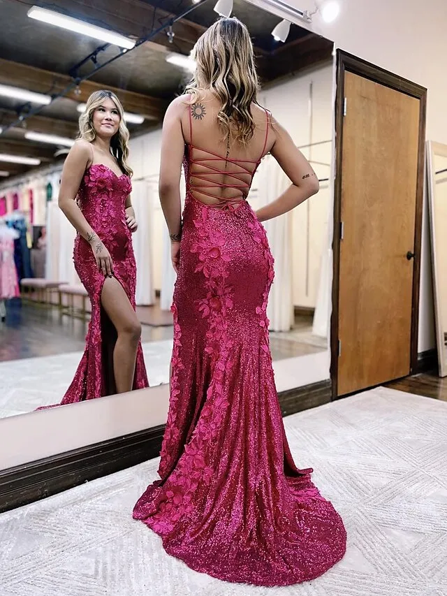 Haisley | Sheath Spaghetti Straps Sequin Prom Dress With 3D Appliques