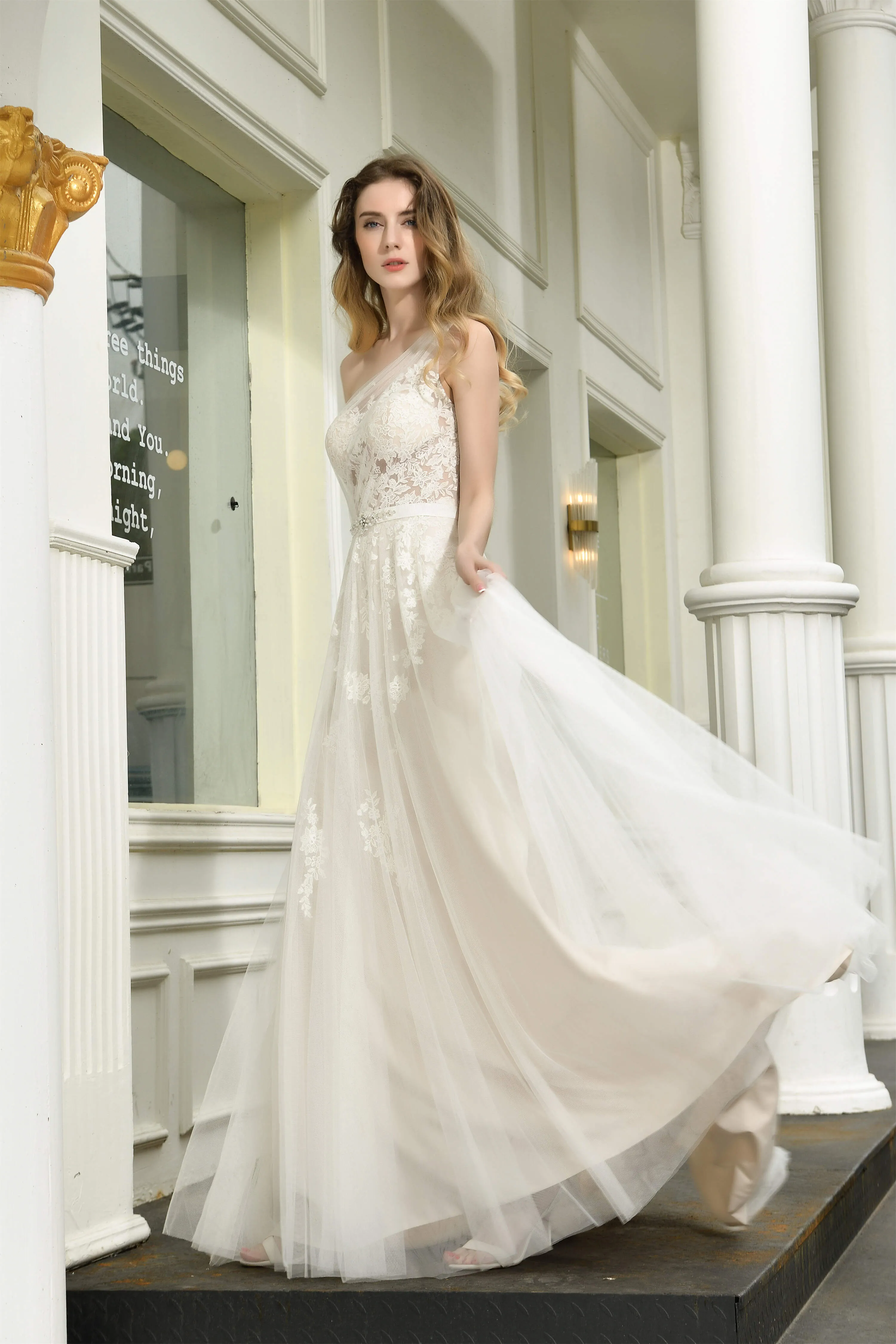 Illusion Lace One Shoulder Tulle Wedding Dresses With Sweep Train