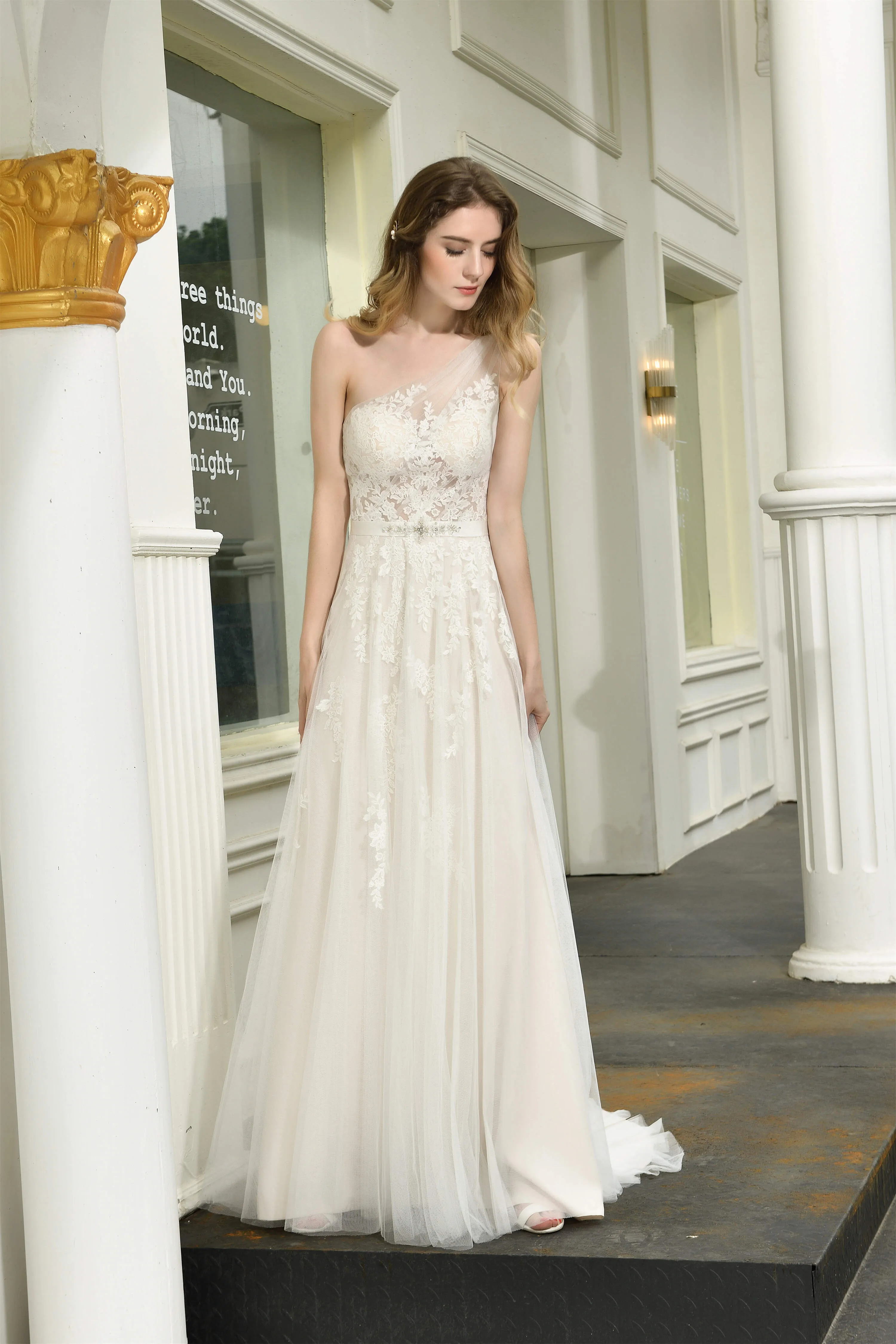 Illusion Lace One Shoulder Tulle Wedding Dresses With Sweep Train