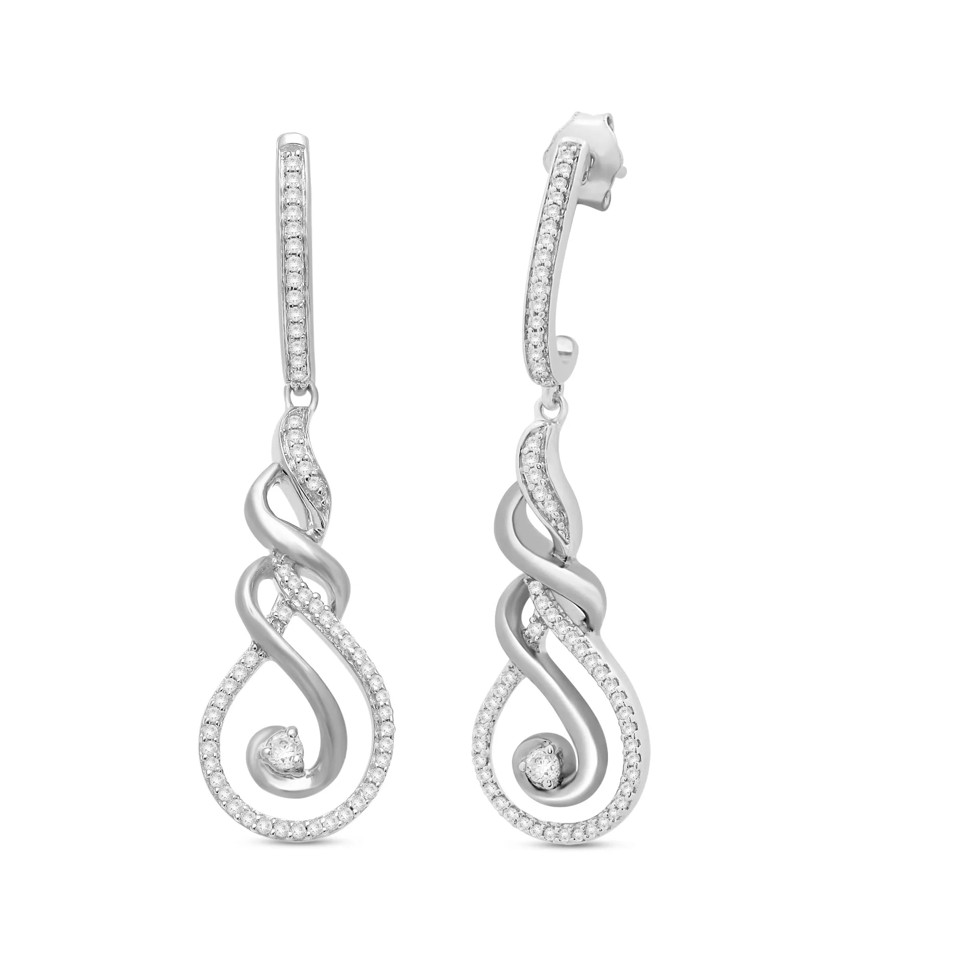 Jewelili Sterling Silver With 1/3 CTTW Round White Diamonds Dangling Twisted Earrings