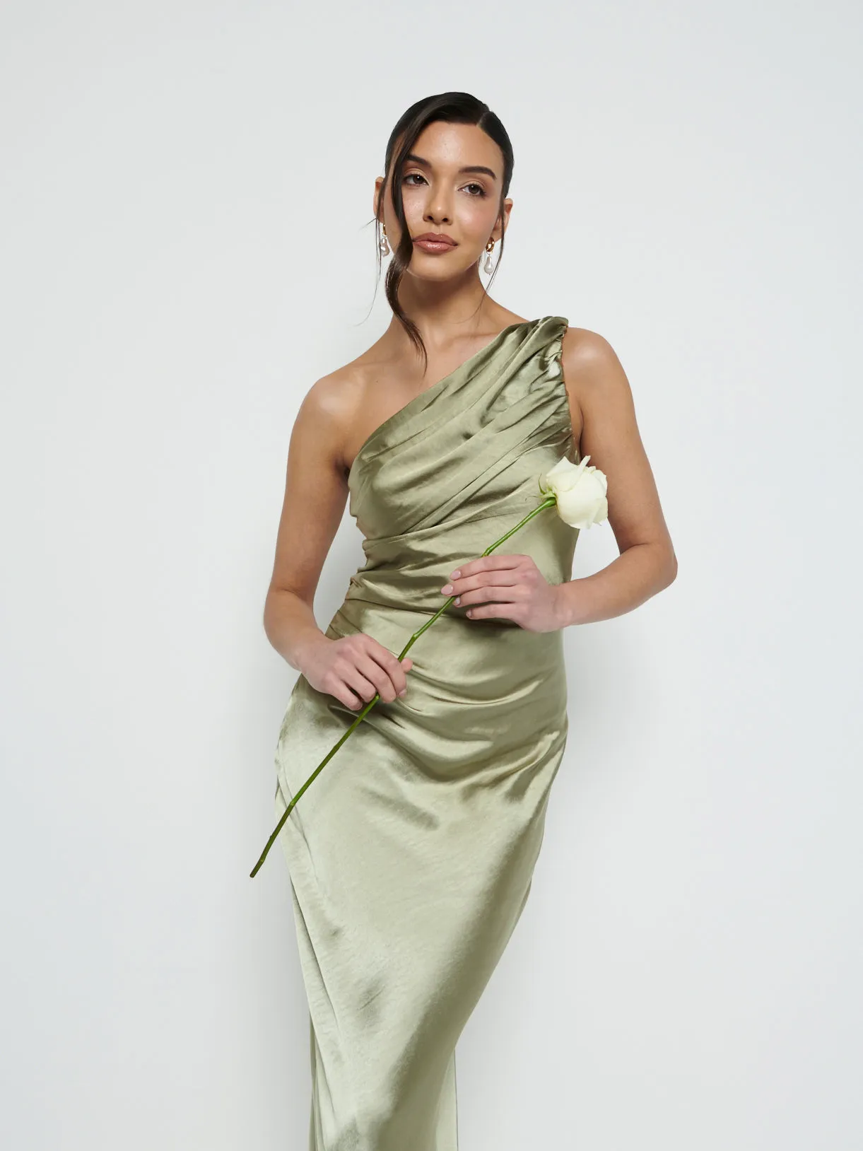 Juliet Ruched Maxi Bridesmaid Dress - Matte Olive