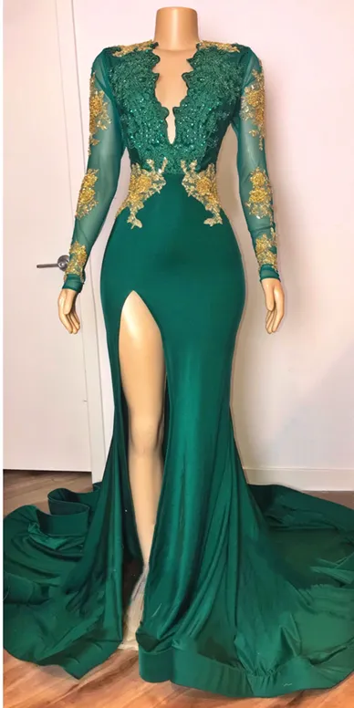 kamahe Sexy Long Sleeves Emerald Green Prom Dresses On Sale Open Back Side Slit