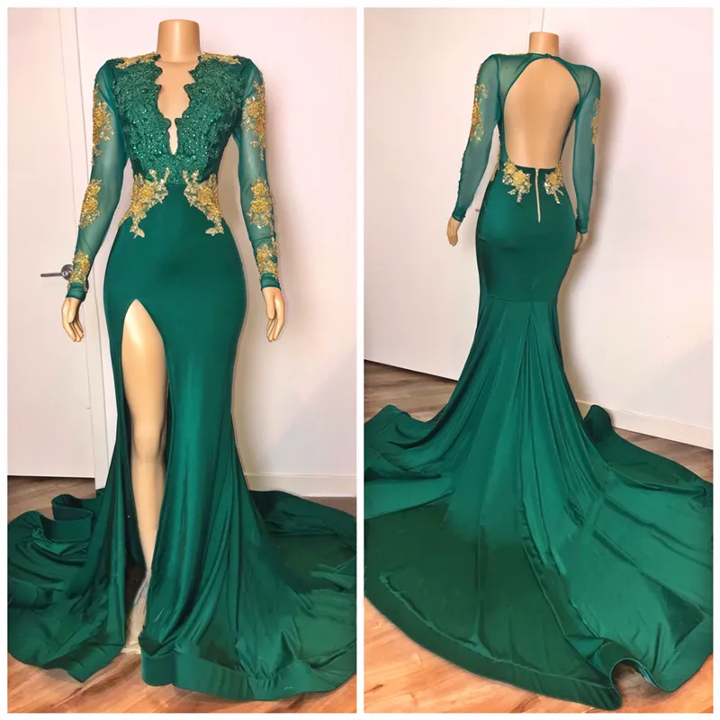 kamahe Sexy Long Sleeves Emerald Green Prom Dresses On Sale Open Back Side Slit