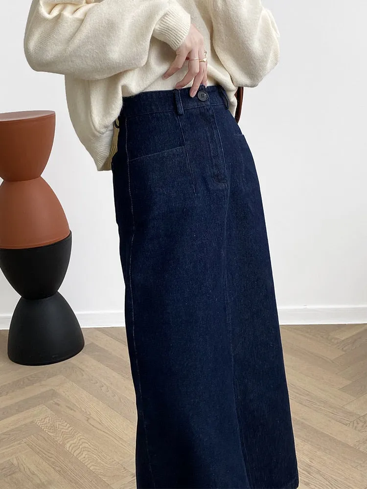 [Korean Style] Dark Washed Front Slit Denim Skirt