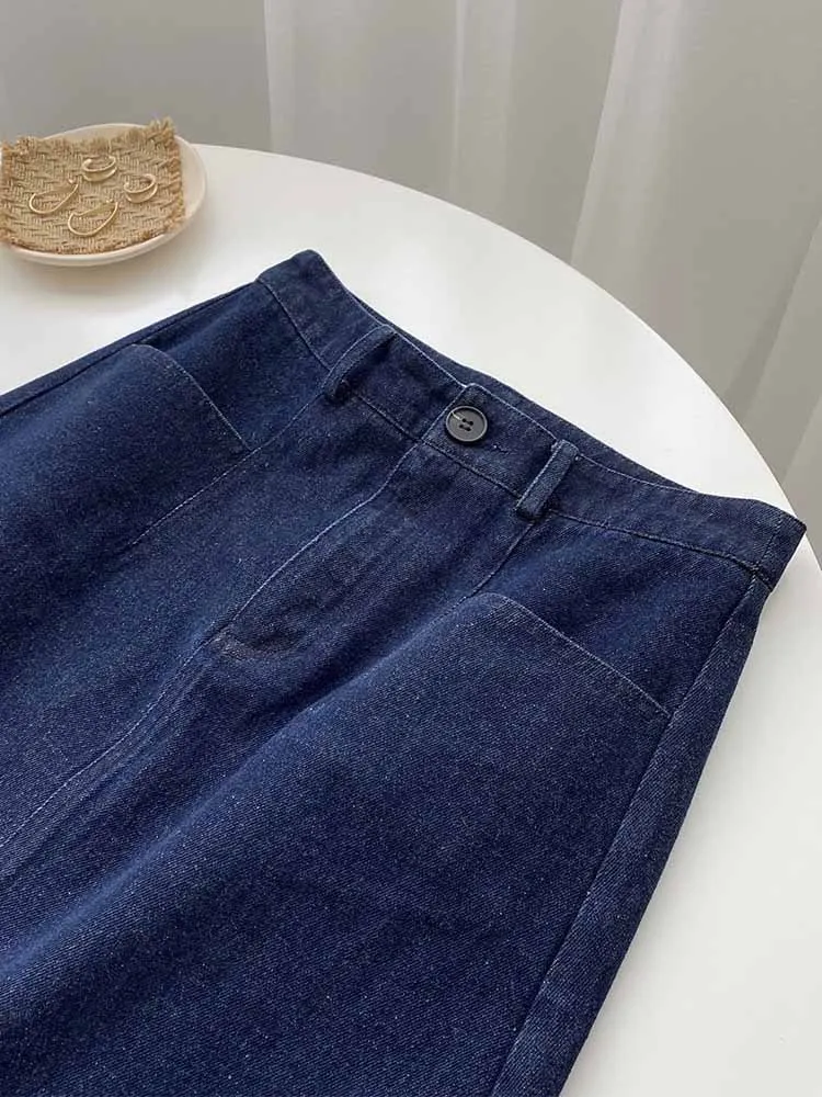 [Korean Style] Dark Washed Front Slit Denim Skirt