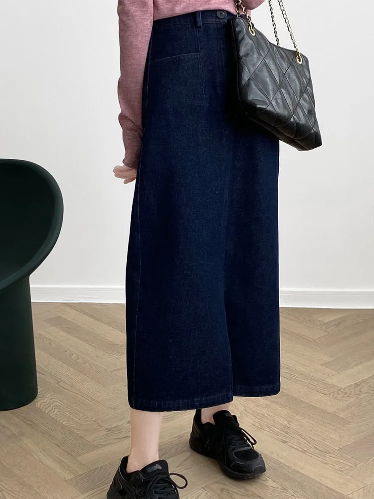 [Korean Style] Dark Washed Front Slit Denim Skirt