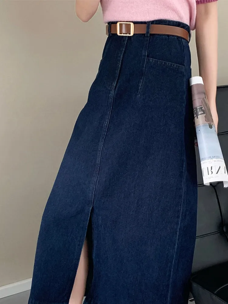 [Korean Style] Dark Washed Front Slit Denim Skirt