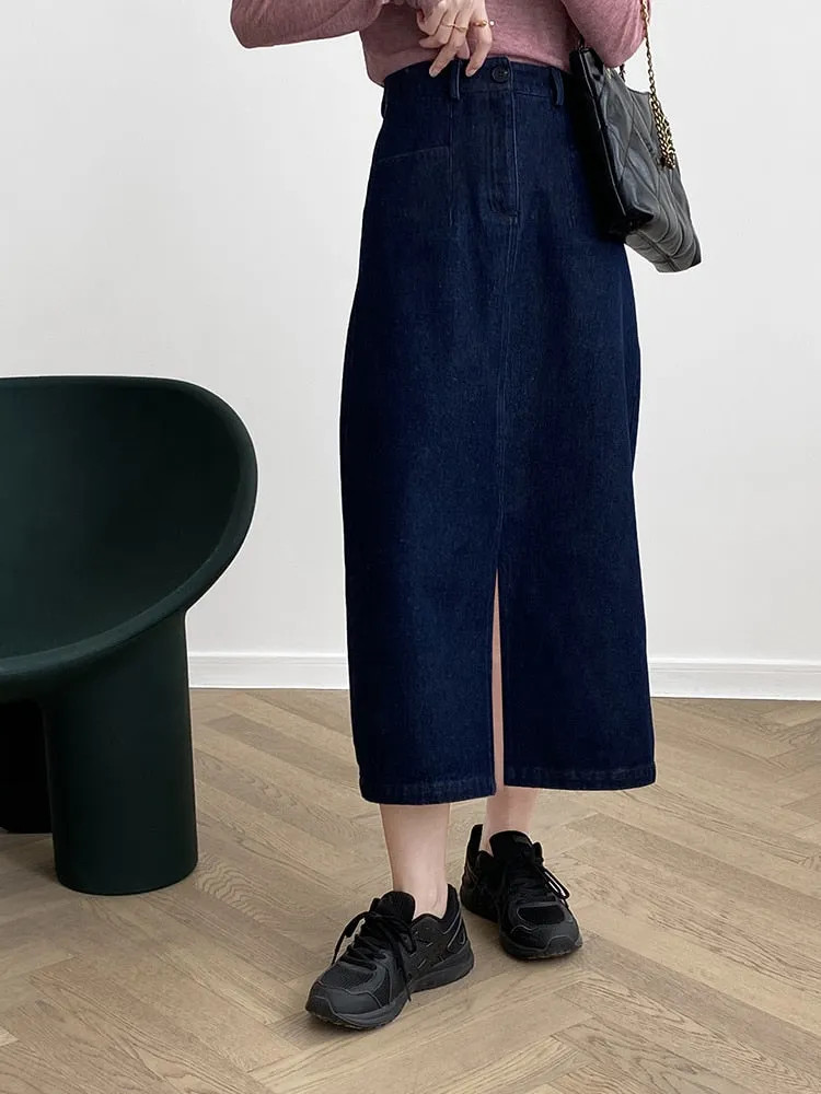 [Korean Style] Dark Washed Front Slit Denim Skirt