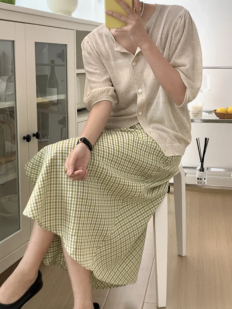 [Korean Style] High Waist A-line Plaid Skirt w/ Side Slit