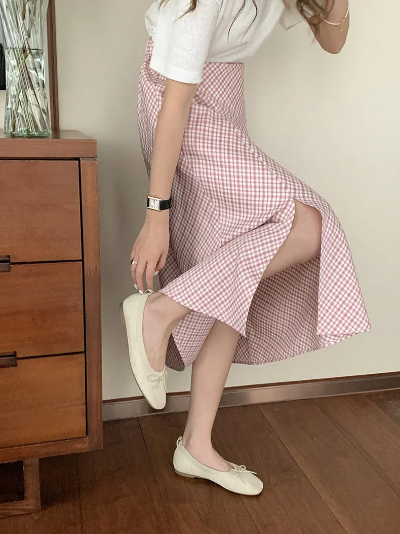 [Korean Style] High Waist A-line Plaid Skirt w/ Side Slit