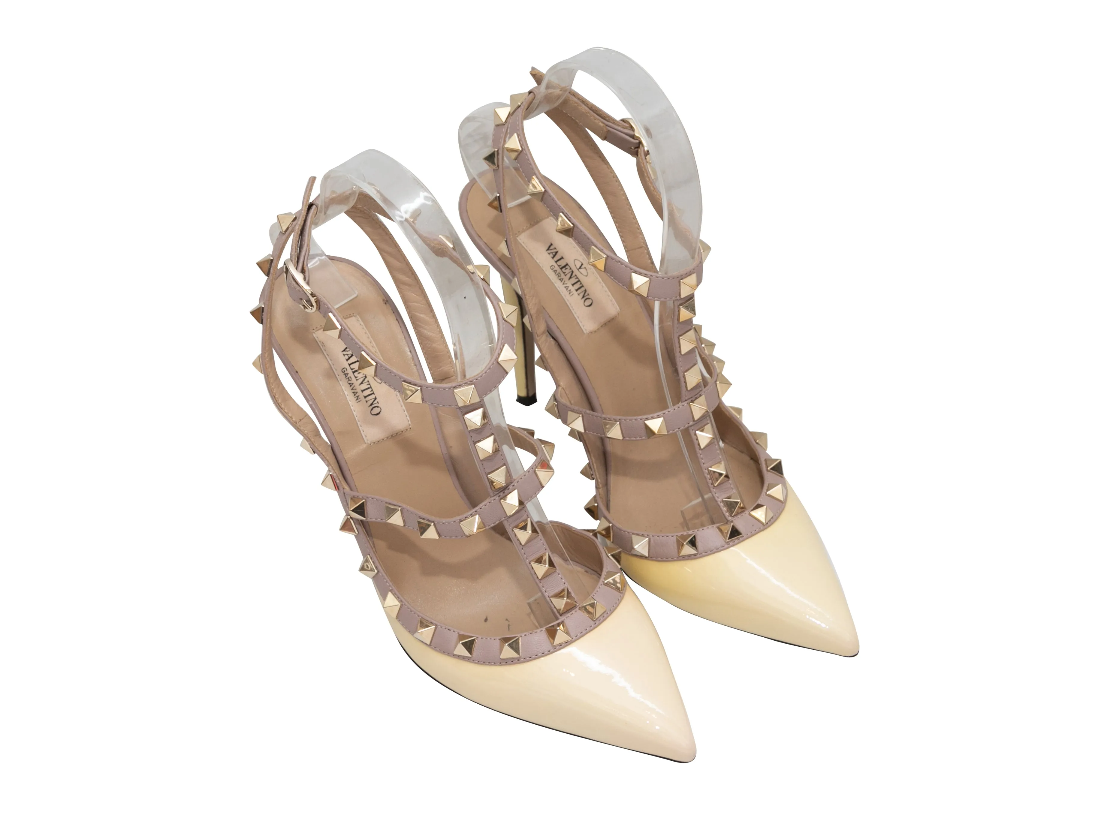 Light Yellow & Beige Valentino Pointed-Toe Rockstud Cage Heels Size 37.5